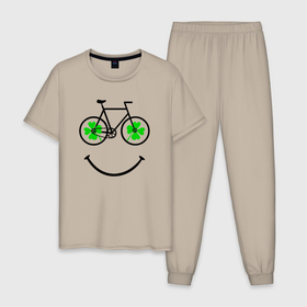 Мужская пижама хлопок с принтом Клевер четырехлистный на колесах велосипеда в Белгороде, 100% хлопок | брюки и футболка прямого кроя, без карманов, на брюках мягкая резинка на поясе и по низу штанин
 | 