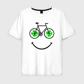 Мужская футболка хлопок Oversize с принтом Клевер четырехлистный на колесах велосипеда в Белгороде, 100% хлопок | свободный крой, круглый ворот, “спинка” длиннее передней части | 