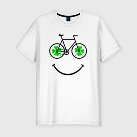 Мужская футболка хлопок Slim с принтом Клевер четырехлистный на колесах велосипеда в Петрозаводске, 92% хлопок, 8% лайкра | приталенный силуэт, круглый вырез ворота, длина до линии бедра, короткий рукав | 