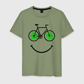 Мужская футболка хлопок с принтом Клевер четырехлистный на колесах велосипеда в Белгороде, 100% хлопок | прямой крой, круглый вырез горловины, длина до линии бедер, слегка спущенное плечо. | 