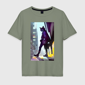 Мужская футболка хлопок Oversize с принтом Чёрный котяра на своём районе   Бронкс в Петрозаводске, 100% хлопок | свободный крой, круглый ворот, “спинка” длиннее передней части | Тематика изображения на принте: 