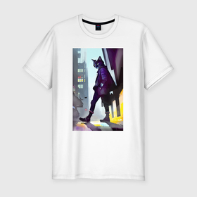 Мужская футболка хлопок Slim с принтом Чёрный котяра на своём районе   Бронкс в Петрозаводске, 92% хлопок, 8% лайкра | приталенный силуэт, круглый вырез ворота, длина до линии бедра, короткий рукав | Тематика изображения на принте: 