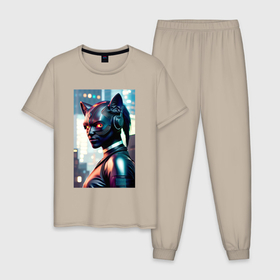 Мужская пижама хлопок с принтом Чёрная пантера   нейросеть   киберпанк в Новосибирске, 100% хлопок | брюки и футболка прямого кроя, без карманов, на брюках мягкая резинка на поясе и по низу штанин
 | 