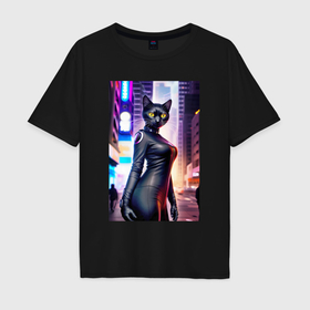 Мужская футболка хлопок Oversize с принтом Кульная чёрная кисуля   Нью Йорк   нейросеть в Екатеринбурге, 100% хлопок | свободный крой, круглый ворот, “спинка” длиннее передней части | 