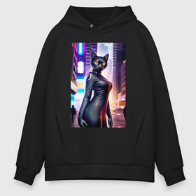 Мужское худи Oversize хлопок с принтом Кульная чёрная кисуля   Нью Йорк   нейросеть в городе Новоалтайск, френч-терри — 70% хлопок, 30% полиэстер. Мягкий теплый начес внутри —100% хлопок | боковые карманы, эластичные манжеты и нижняя кромка, капюшон на магнитной кнопке | Тематика изображения на принте: 