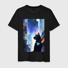 Мужская футболка хлопок с принтом Black cat   a resident of the metropolis   New York в Курске, 100% хлопок | прямой крой, круглый вырез горловины, длина до линии бедер, слегка спущенное плечо. | 