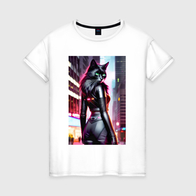 Женская футболка хлопок с принтом Чёрная красотка   киберпанк   кошка в Белгороде, 100% хлопок | прямой крой, круглый вырез горловины, длина до линии бедер, слегка спущенное плечо | 