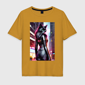 Мужская футболка хлопок Oversize с принтом Чёрная красотка   киберпанк   кошка , 100% хлопок | свободный крой, круглый ворот, “спинка” длиннее передней части | 
