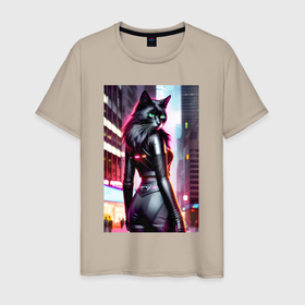 Мужская футболка хлопок с принтом Чёрная красотка   киберпанк   кошка в Белгороде, 100% хлопок | прямой крой, круглый вырез горловины, длина до линии бедер, слегка спущенное плечо. | 
