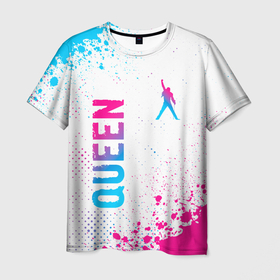 Мужская футболка 3D с принтом Queen neon gradient style: надпись, символ в Белгороде, 100% полиэфир | прямой крой, круглый вырез горловины, длина до линии бедер | 