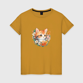 Женская футболка хлопок с принтом Летний котёнок в Тюмени, 100% хлопок | прямой крой, круглый вырез горловины, длина до линии бедер, слегка спущенное плечо | 