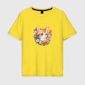 Мужская футболка хлопок Oversize с принтом Летний котёнок в Белгороде, 100% хлопок | свободный крой, круглый ворот, “спинка” длиннее передней части | 