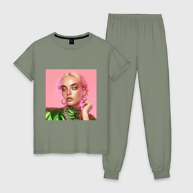Женская пижама хлопок с принтом Дерзкая блондинка в зеленом , 100% хлопок | брюки и футболка прямого кроя, без карманов, на брюках мягкая резинка на поясе и по низу штанин | Тематика изображения на принте: 