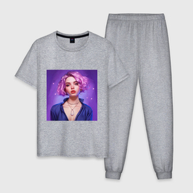 Мужская пижама хлопок с принтом Девушка с пирсингом и фиолетовыми волосами в Екатеринбурге, 100% хлопок | брюки и футболка прямого кроя, без карманов, на брюках мягкая резинка на поясе и по низу штанин
 | 