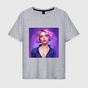 Мужская футболка хлопок Oversize с принтом Девушка с пирсингом и фиолетовыми волосами в Екатеринбурге, 100% хлопок | свободный крой, круглый ворот, “спинка” длиннее передней части | 