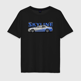 Мужская футболка хлопок Oversize с принтом Skyline Nissan в Санкт-Петербурге, 100% хлопок | свободный крой, круглый ворот, “спинка” длиннее передней части | 