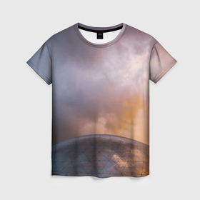 Женская футболка 3D с принтом Часть металлической планеты и туман в Петрозаводске, 100% полиэфир ( синтетическое хлопкоподобное полотно) | прямой крой, круглый вырез горловины, длина до линии бедер | 