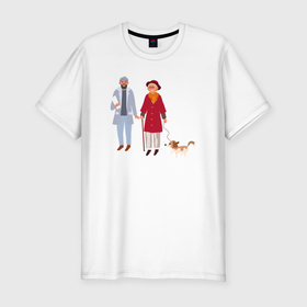 Мужская футболка хлопок Slim с принтом Пара с собакой в Кировске, 92% хлопок, 8% лайкра | приталенный силуэт, круглый вырез ворота, длина до линии бедра, короткий рукав | 