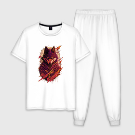 Мужская пижама хлопок с принтом Волк с луной на фоне в Белгороде, 100% хлопок | брюки и футболка прямого кроя, без карманов, на брюках мягкая резинка на поясе и по низу штанин
 | 