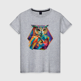 Женская футболка хлопок с принтом Красочная сова в стиле геометрия   нейросеть в Санкт-Петербурге, 100% хлопок | прямой крой, круглый вырез горловины, длина до линии бедер, слегка спущенное плечо | 