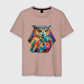 Мужская футболка хлопок с принтом Красочная сова в стиле геометрия   нейросеть в Курске, 100% хлопок | прямой крой, круглый вырез горловины, длина до линии бедер, слегка спущенное плечо. | 