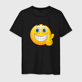 Мужская футболка хлопок с принтом Смайлик victory в Курске, 100% хлопок | прямой крой, круглый вырез горловины, длина до линии бедер, слегка спущенное плечо. | 