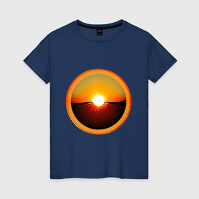 Женская футболка хлопок с принтом Закатное солнце в медальоне в Екатеринбурге, 100% хлопок | прямой крой, круглый вырез горловины, длина до линии бедер, слегка спущенное плечо | 