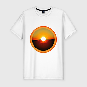 Мужская футболка хлопок Slim с принтом Закатное солнце в медальоне в Новосибирске, 92% хлопок, 8% лайкра | приталенный силуэт, круглый вырез ворота, длина до линии бедра, короткий рукав | 