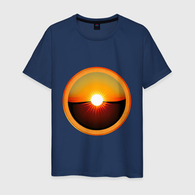 Мужская футболка хлопок с принтом Закатное солнце в медальоне в Новосибирске, 100% хлопок | прямой крой, круглый вырез горловины, длина до линии бедер, слегка спущенное плечо. | 