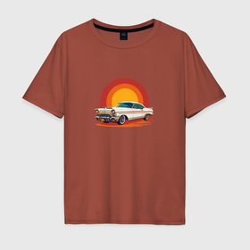 Мужская футболка хлопок Oversize с принтом Ретро автомобиль Шевроле на закате в Новосибирске, 100% хлопок | свободный крой, круглый ворот, “спинка” длиннее передней части | 