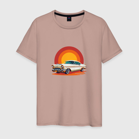 Мужская футболка хлопок с принтом Ретро автомобиль Шевроле на закате , 100% хлопок | прямой крой, круглый вырез горловины, длина до линии бедер, слегка спущенное плечо. | 