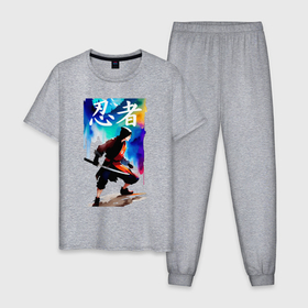 Мужская пижама хлопок с принтом Ninja   hieroglyphs   watercolor в Тюмени, 100% хлопок | брюки и футболка прямого кроя, без карманов, на брюках мягкая резинка на поясе и по низу штанин
 | 
