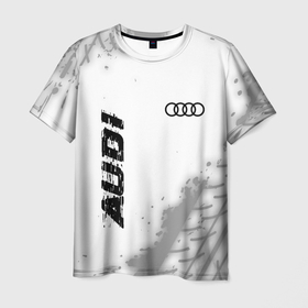 Мужская футболка 3D с принтом Audi speed на светлом фоне со следами шин: надпись, символ в Санкт-Петербурге, 100% полиэфир | прямой крой, круглый вырез горловины, длина до линии бедер | 