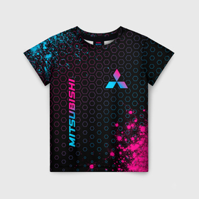 Детская футболка 3D с принтом Mitsubishi   neon gradient: надпись, символ в Кировске, 100% гипоаллергенный полиэфир | прямой крой, круглый вырез горловины, длина до линии бедер, чуть спущенное плечо, ткань немного тянется | 