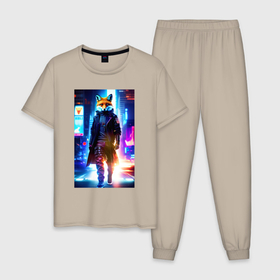 Мужская пижама хлопок с принтом Лис   хозяин ночного города   неон в Тюмени, 100% хлопок | брюки и футболка прямого кроя, без карманов, на брюках мягкая резинка на поясе и по низу штанин
 | 