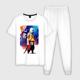 Мужская пижама хлопок с принтом Ниндзя   иероглифы   живопись в Кировске, 100% хлопок | брюки и футболка прямого кроя, без карманов, на брюках мягкая резинка на поясе и по низу штанин
 | 