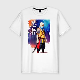 Мужская футболка хлопок Slim с принтом Ниндзя   иероглифы   живопись в Екатеринбурге, 92% хлопок, 8% лайкра | приталенный силуэт, круглый вырез ворота, длина до линии бедра, короткий рукав | 