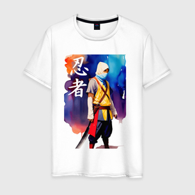 Мужская футболка хлопок с принтом Ниндзя   иероглифы   живопись в Курске, 100% хлопок | прямой крой, круглый вырез горловины, длина до линии бедер, слегка спущенное плечо. | 