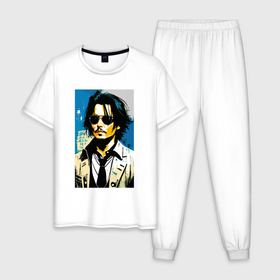 Мужская пижама хлопок с принтом Johnny Depp  celebrity в Петрозаводске, 100% хлопок | брюки и футболка прямого кроя, без карманов, на брюках мягкая резинка на поясе и по низу штанин
 | Тематика изображения на принте: 