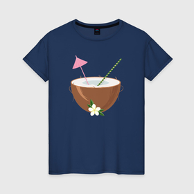 Женская футболка хлопок с принтом Кокос с соломинкой и зонтиком в Санкт-Петербурге, 100% хлопок | прямой крой, круглый вырез горловины, длина до линии бедер, слегка спущенное плечо | 