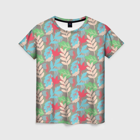 Женская футболка 3D с принтом Цветные веточки в Тюмени, 100% полиэфир ( синтетическое хлопкоподобное полотно) | прямой крой, круглый вырез горловины, длина до линии бедер | 