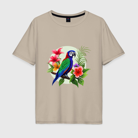 Мужская футболка хлопок Oversize с принтом Попугай среди цветов в Курске, 100% хлопок | свободный крой, круглый ворот, “спинка” длиннее передней части | 