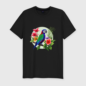 Мужская футболка хлопок Slim с принтом Попугай среди цветов в Петрозаводске, 92% хлопок, 8% лайкра | приталенный силуэт, круглый вырез ворота, длина до линии бедра, короткий рукав | Тематика изображения на принте: 