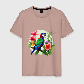 Мужская футболка хлопок с принтом Попугай среди цветов в Курске, 100% хлопок | прямой крой, круглый вырез горловины, длина до линии бедер, слегка спущенное плечо. | 
