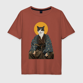 Мужская футболка хлопок Oversize с принтом Samurai one   eyed cat в городе Новоалтайск, 100% хлопок | свободный крой, круглый ворот, “спинка” длиннее передней части | 