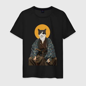 Мужская футболка хлопок с принтом Samurai one   eyed cat в Курске, 100% хлопок | прямой крой, круглый вырез горловины, длина до линии бедер, слегка спущенное плечо. | 