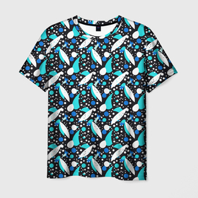 Мужская футболка 3D с принтом Листопад в синих тонах , 100% полиэфир | прямой крой, круглый вырез горловины, длина до линии бедер | 