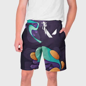 Мужские шорты 3D с принтом Valorant graffity splash ,  полиэстер 100% | прямой крой, два кармана без застежек по бокам. Мягкая трикотажная резинка на поясе, внутри которой широкие завязки. Длина чуть выше колен | 