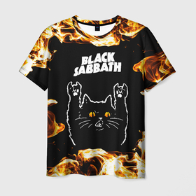 Мужская футболка 3D с принтом Black Sabbath рок кот и огонь в Екатеринбурге, 100% полиэфир | прямой крой, круглый вырез горловины, длина до линии бедер | Тематика изображения на принте: 