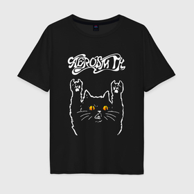 Мужская футболка хлопок Oversize с принтом Aerosmith rock cat в Петрозаводске, 100% хлопок | свободный крой, круглый ворот, “спинка” длиннее передней части | Тематика изображения на принте: 